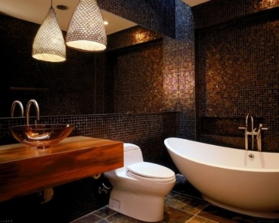 76-Cool-Truly-Masculine-Bathroom-Décor-Ideas-With-black-ceramic-tiles-wall-and-white-bathtub-and-wooden-washbasin-and-chandelier-and-modern-toilet-design