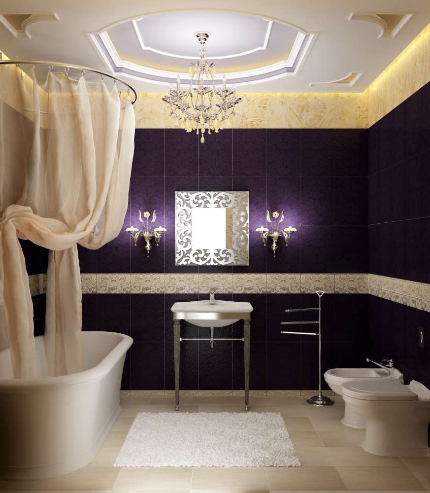 Bathroom-White-Bathtub-Wall-Ceramic-Toilets-Chandelier-Floor-Tiles